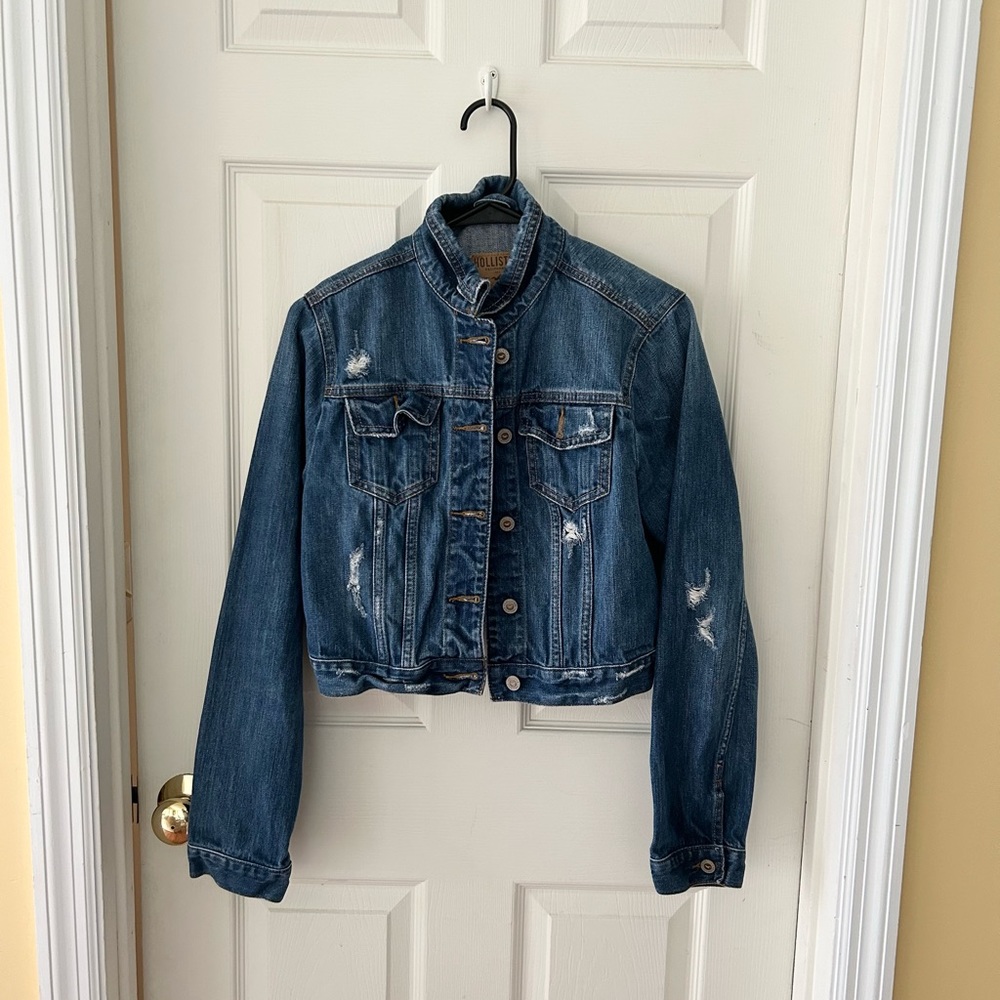 Hollister Co. Dark Wash Distressed Cropped Jean Jacket L